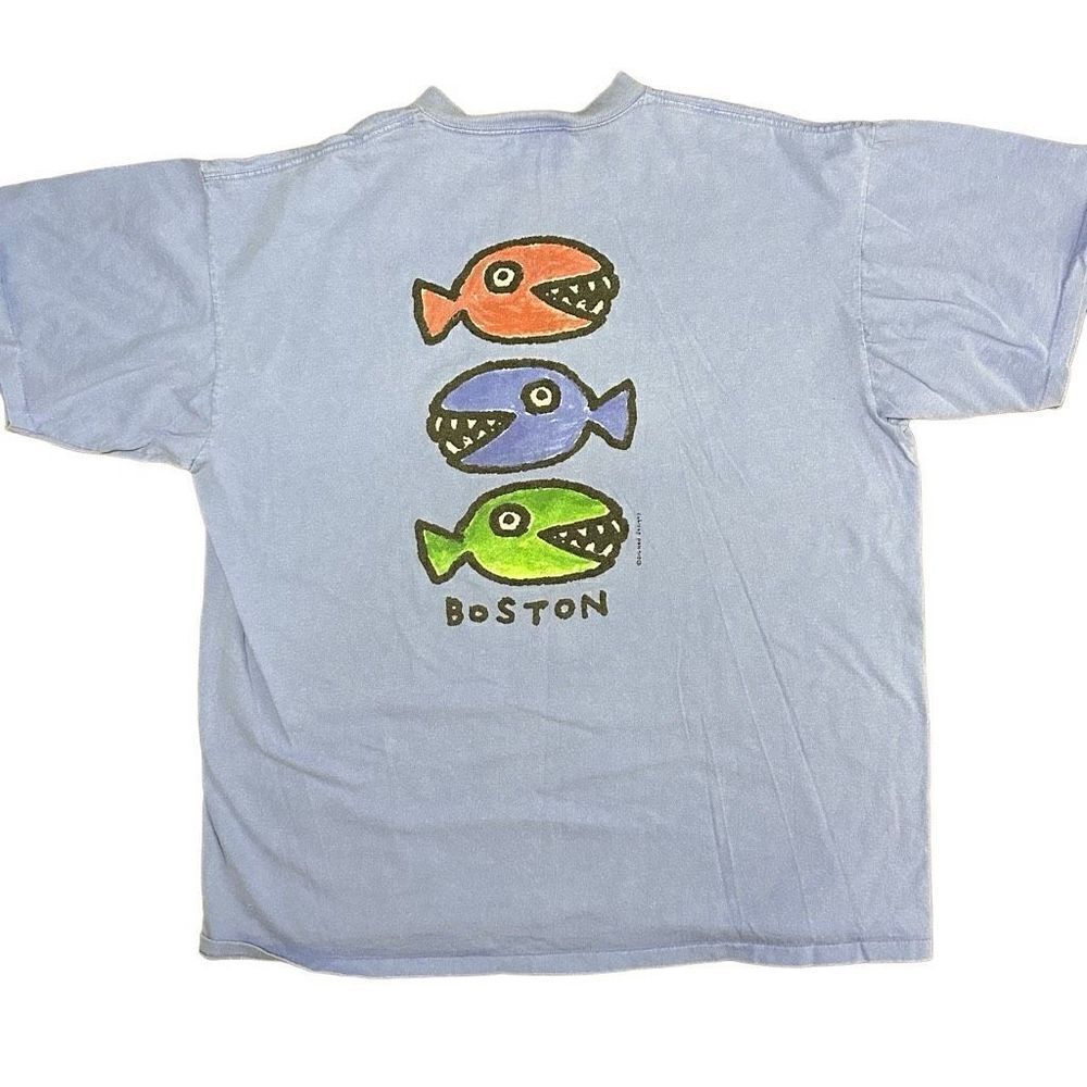 Vtg 90s Big Hed Designs Cartoon Fish Boston Single Stitch Blue Size XL